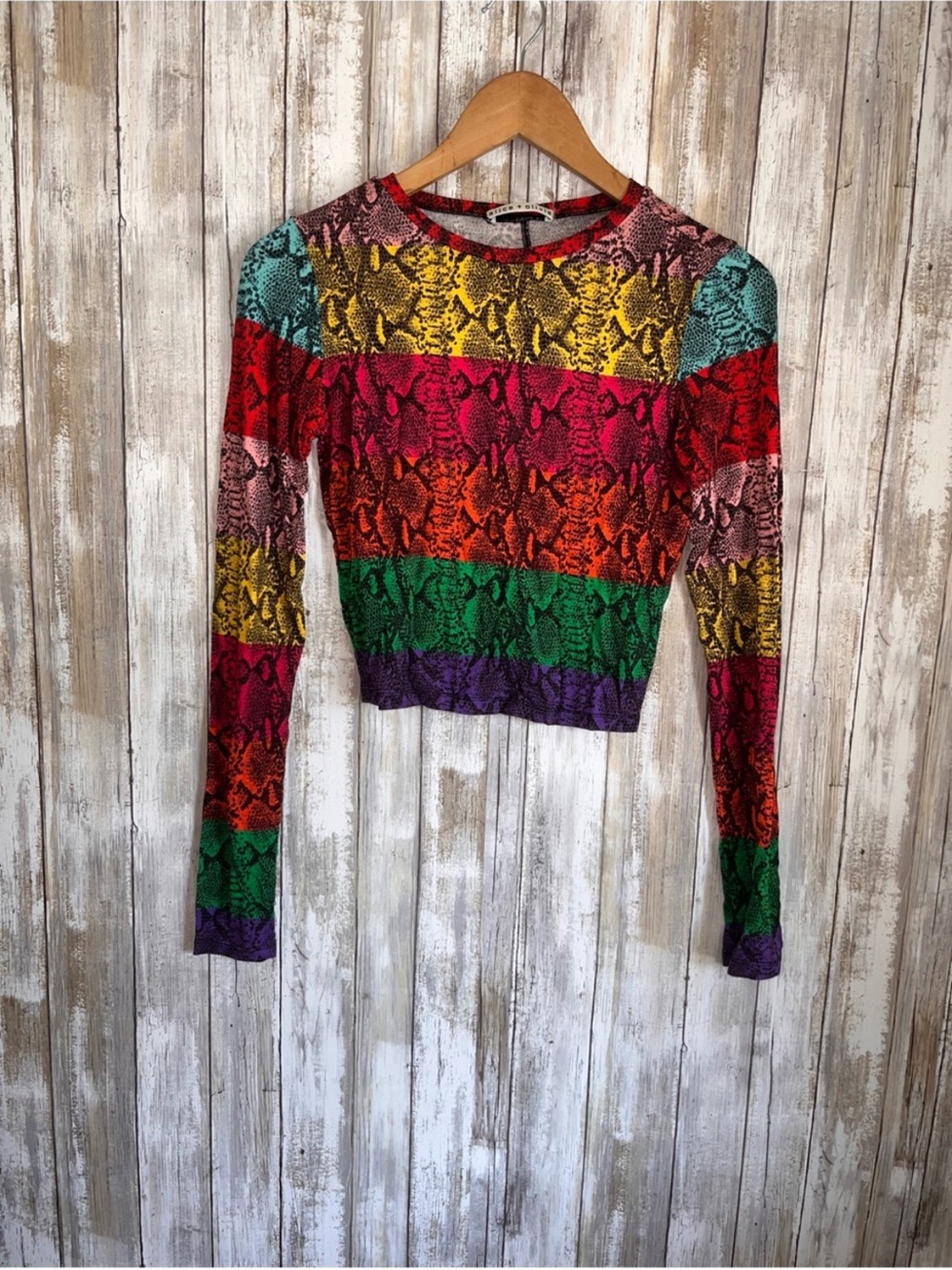 Alice + Olivia Delaina Rainbow Snake Print Cropped Mesh Top XS - Picture 2 of 6